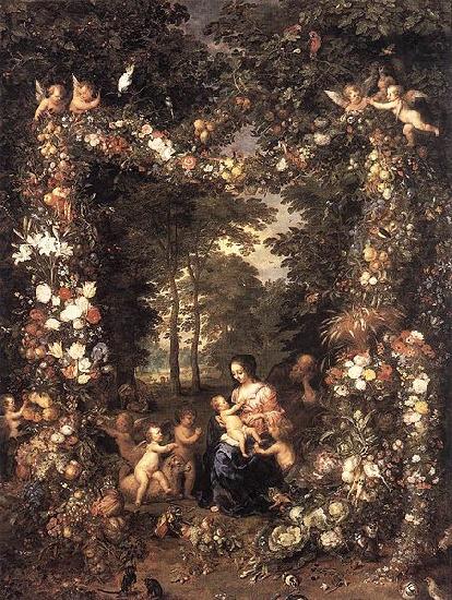 Heilige Familie in einem Blumen und Fruchtekranz, Jan Brueghel The Elder